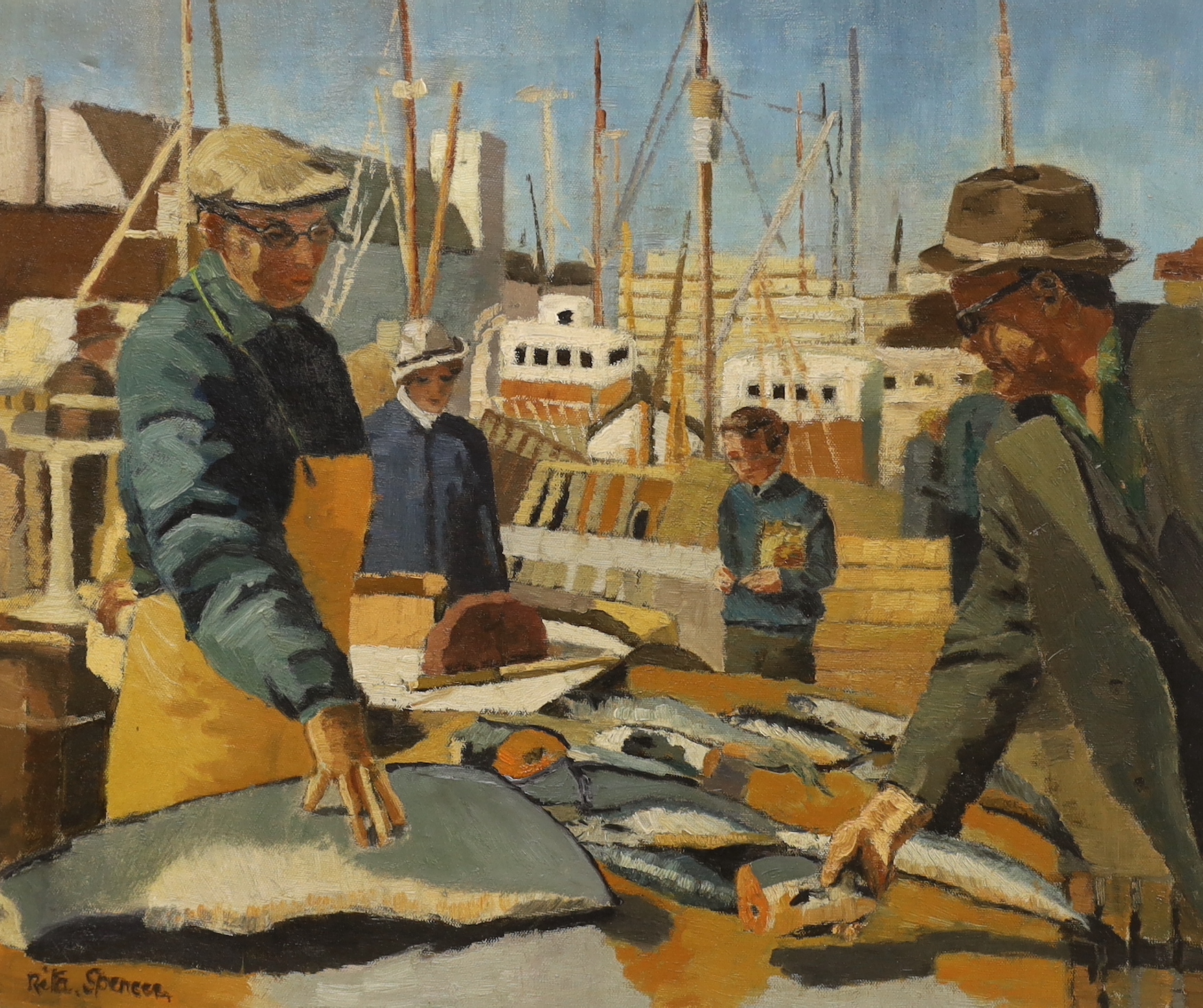 Rita Spencer (Modern British, fl.1965), oil on canvas, 'Fish market in Antigue', signed, 59 x 49cm